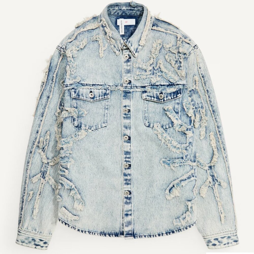 H&M Distressed Light Wash Denim Button-Down Shirt Jacket